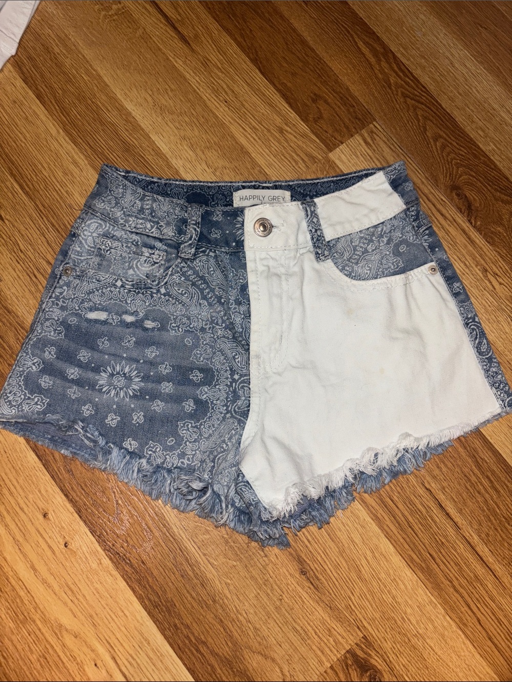 Happily Grey Blue & White Two-Tone Bandana Print Denim Shorts
